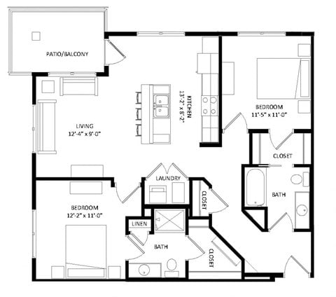 Floor plan for 2 beds, 2 baths, 1037 sqft